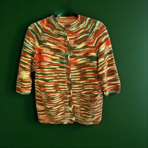 Vintage 70s Handknit Orange and Knit Cardigan Sweater 3/4 Sleeves